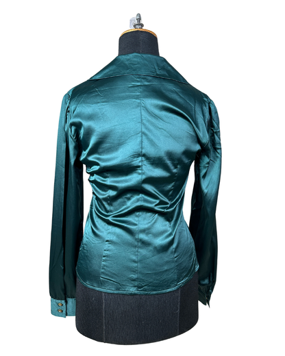 Teal Satin Fitted Women's Shirt Small