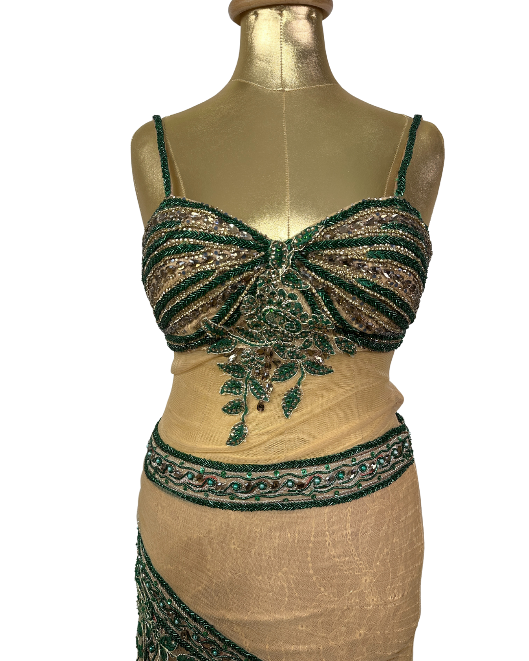 Gold Multi-Layer Lace Gown with Emerald Hand Embroidery