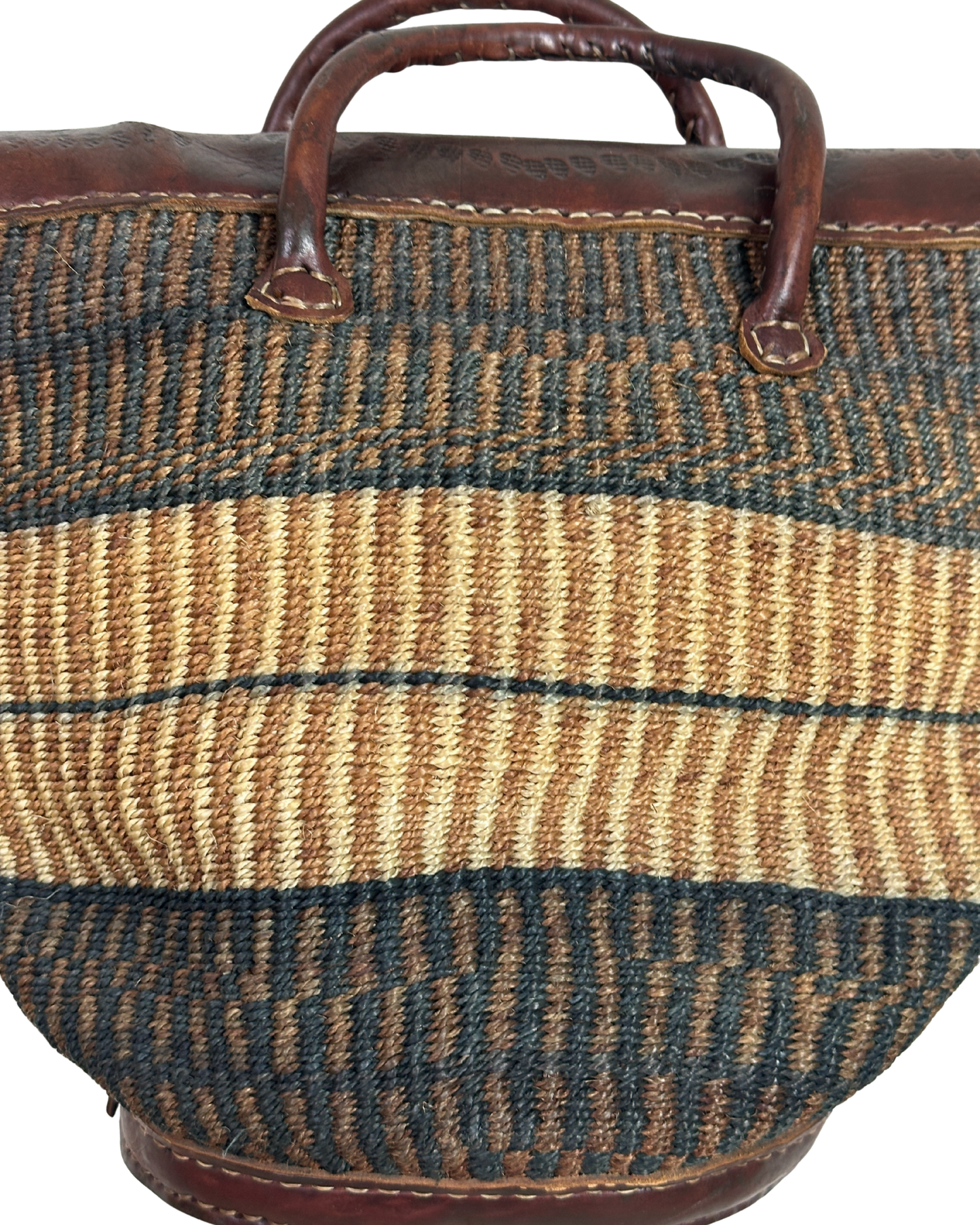 Vintage Handwoven Sisal & Leather Basket Bag