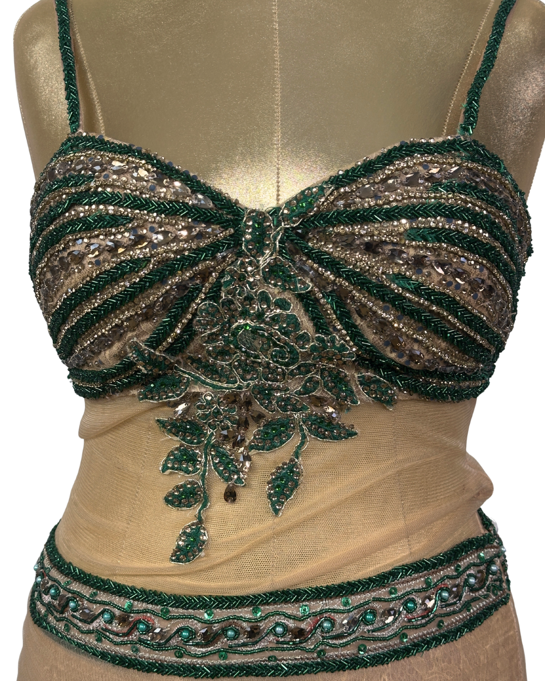 Gold Multi-Layer Lace Gown with Emerald Hand Embroidery