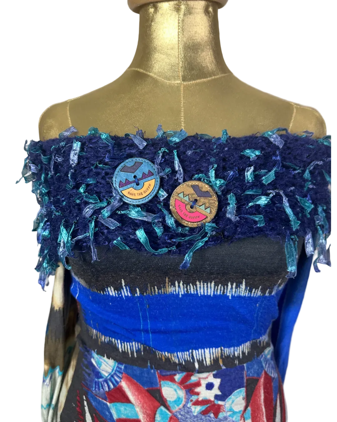 Y2K Save The Queen Mixed Print Off-Shoulder Statement Top