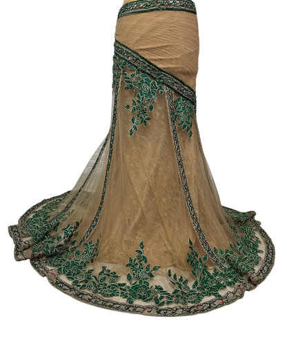 Gold Multi-Layer Lace Gown with Emerald Hand Embroidery