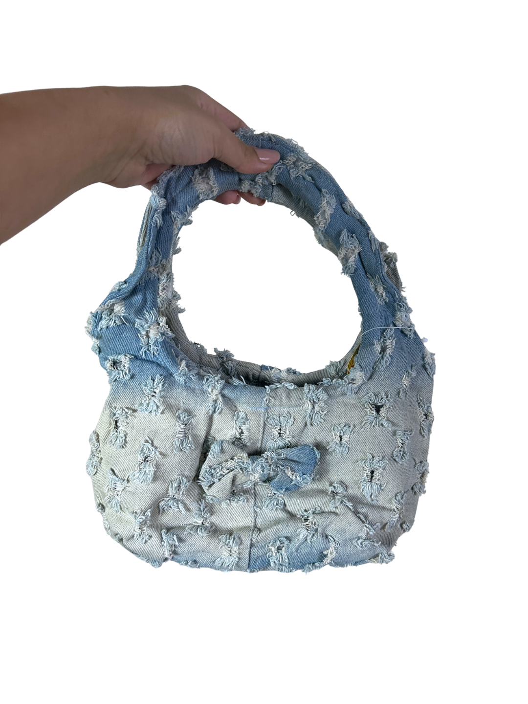 Y2K Light Wash Distressed Denim Mini Bag with Bow Detail