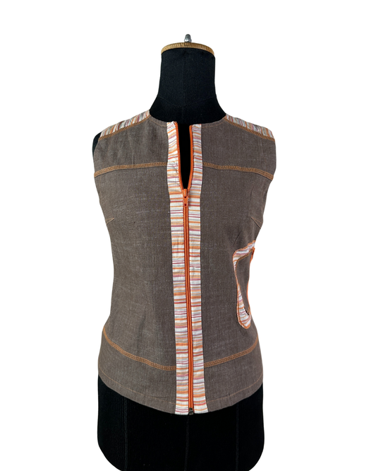Vintage Cafe Theatre Brown Zip-Up Striped Trim Vest Small