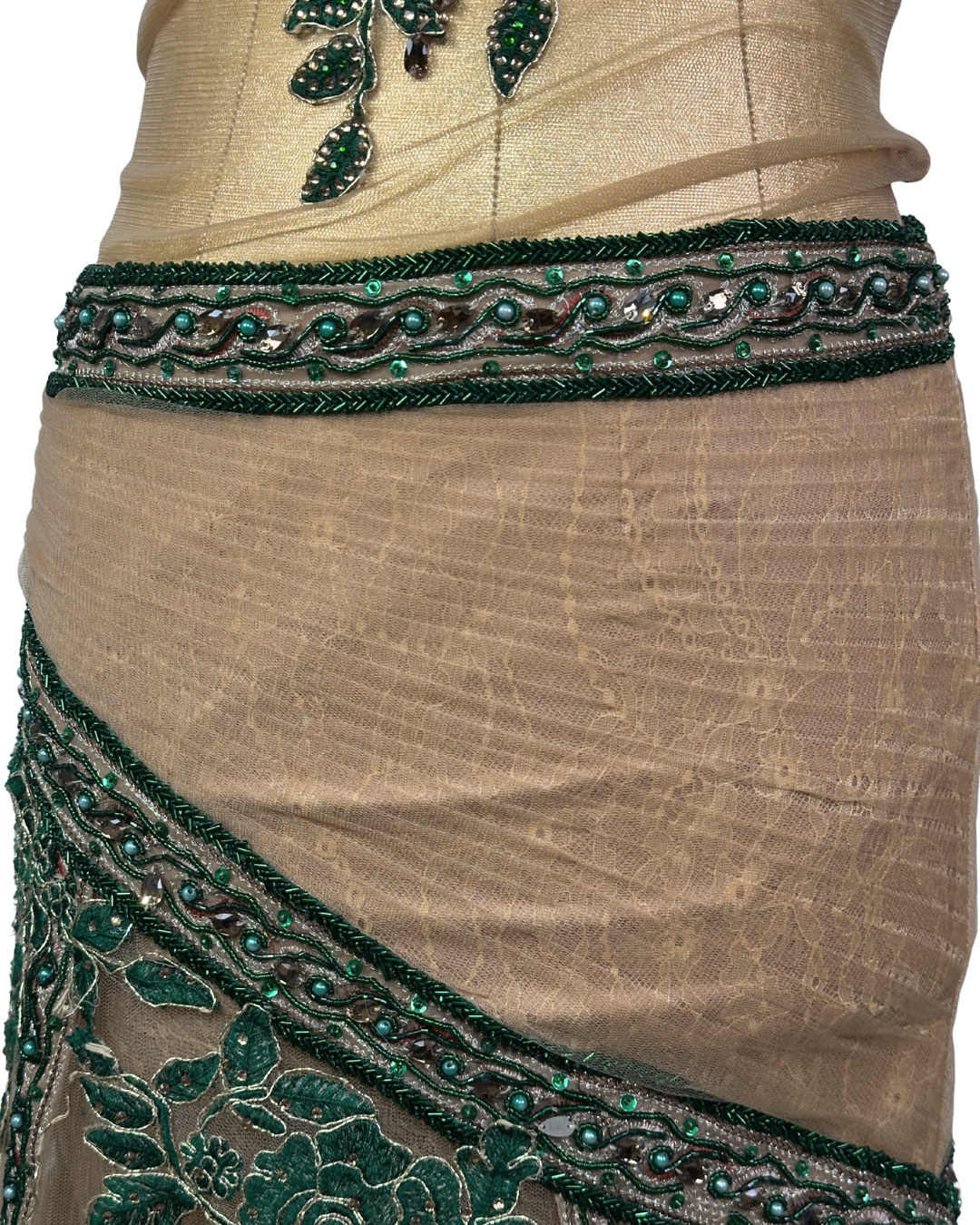 Gold Multi-Layer Lace Gown with Emerald Hand Embroidery