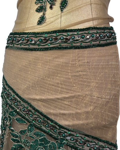 Gold Multi-Layer Lace Gown with Emerald Hand Embroidery