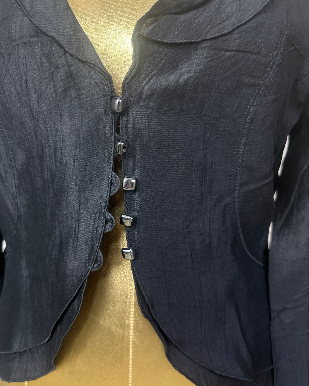 .Black Crinkle Texture Button-Front Blouse - Medium