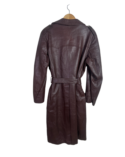 Vintage Brown Double Breasted Genuine Leather Trench Coat - Large