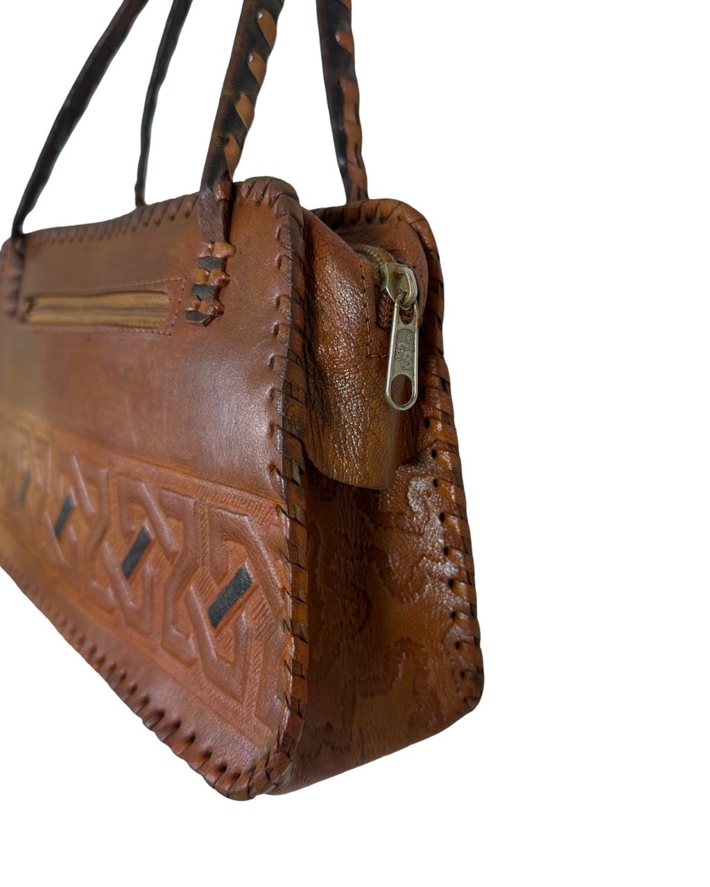 Vintage 70s Whipstitch Embossed Brown Genuine Leather Handbag