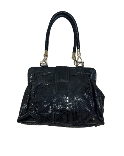 Vintage Black Faux Snakeskin Top-Handle Bag with Gold Buckle