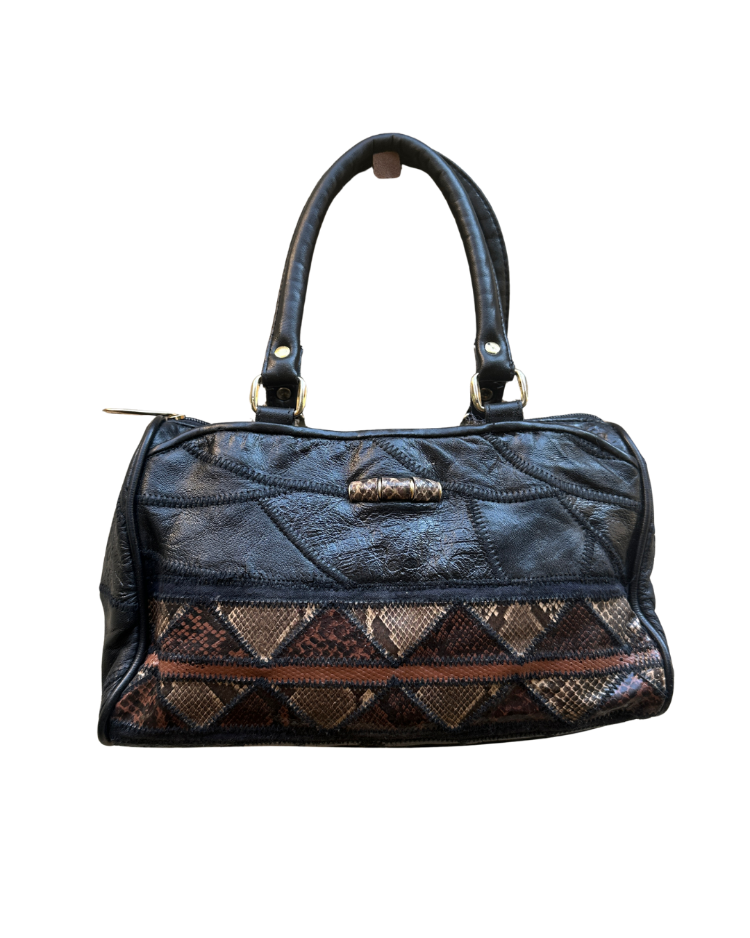 Genuine Leather Stitch Detail Mixed Pattern Handbag