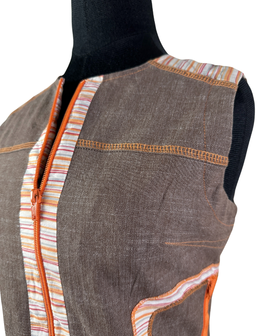 Vintage Cafe Theatre Brown Zip-Up Striped Trim Vest Small