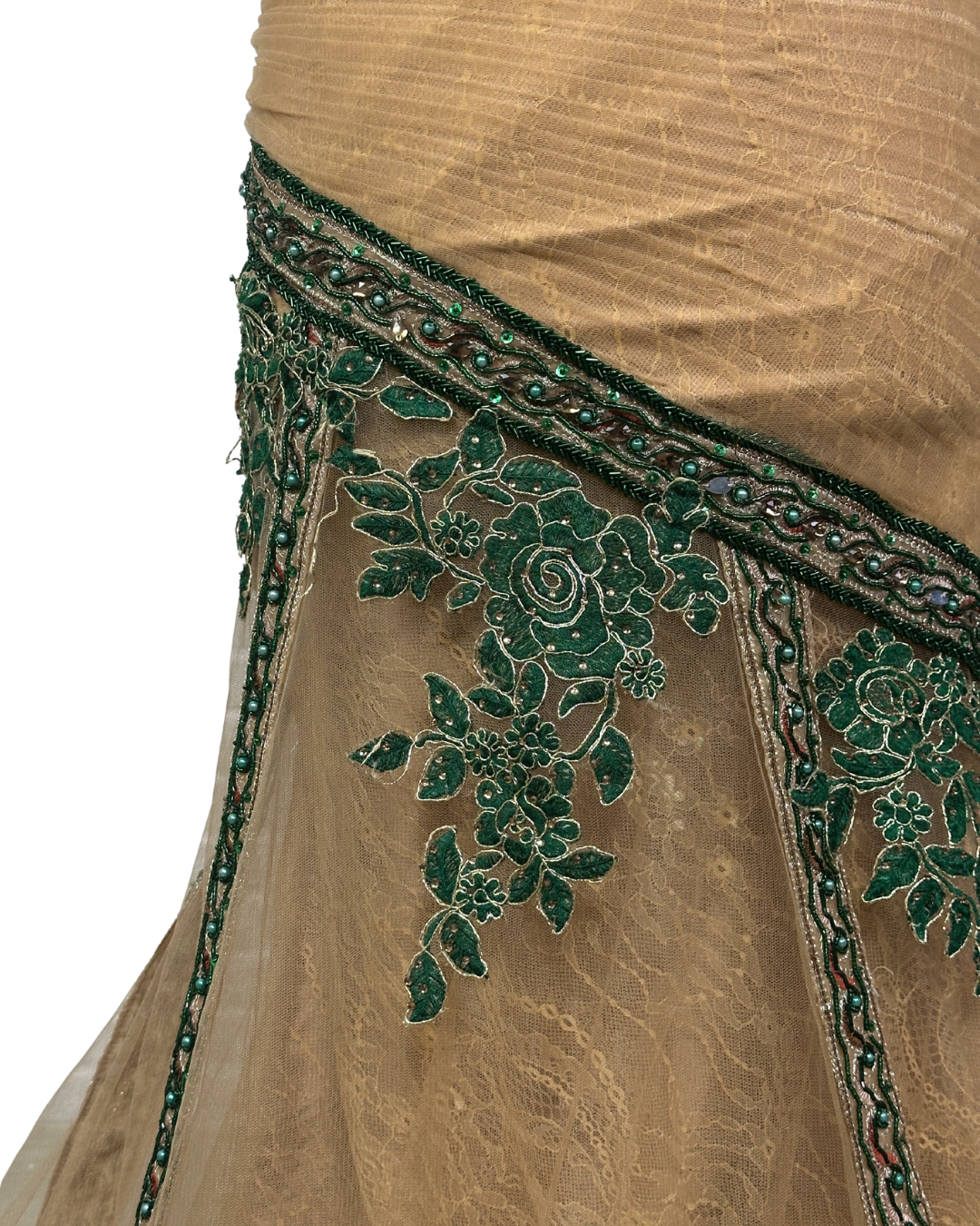 Gold Multi-Layer Lace Gown with Emerald Hand Embroidery