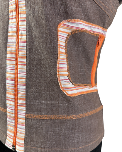 Vintage Cafe Theatre Brown Zip-Up Striped Trim Vest Small