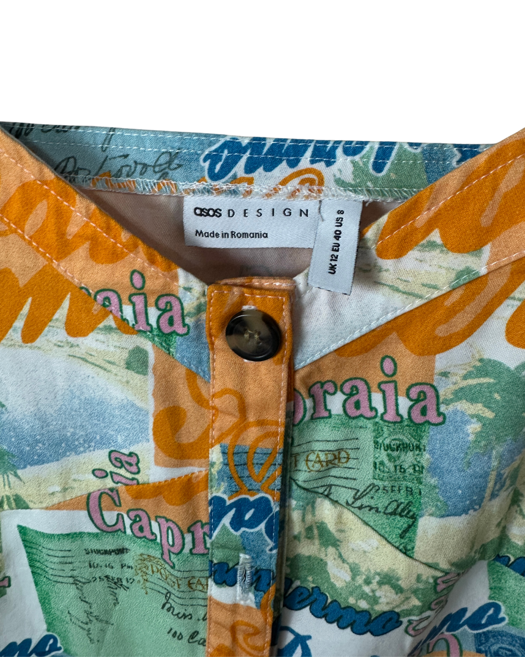 Asos Design Twill  Postcard Print Mini Dress - UK 12/ US 8