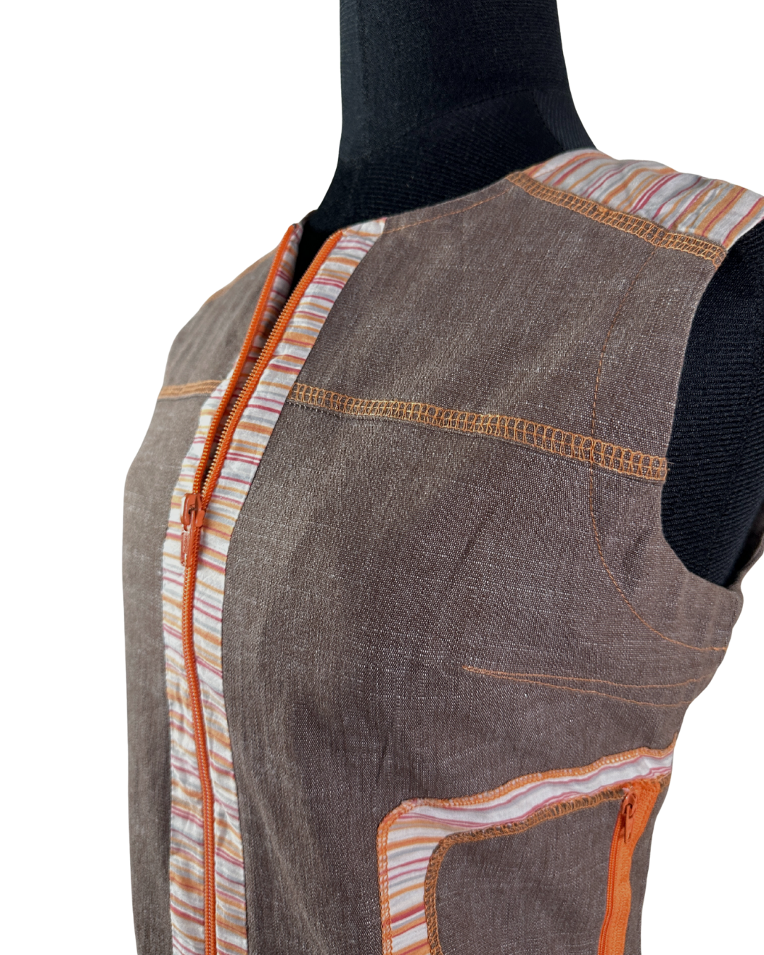 Vintage Cafe Theatre Brown Zip-Up Striped Trim Vest Small