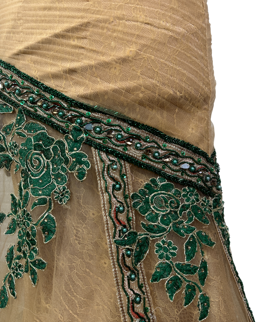 Gold Multi-Layer Lace Gown with Emerald Hand Embroidery