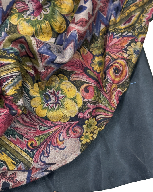 Close-up of a colorful floral-patterned fabric with a dark blue lining.