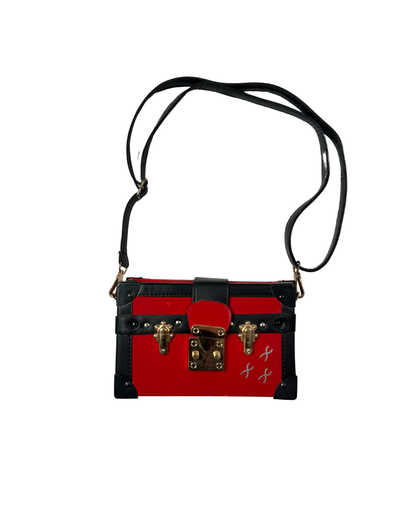 Trunk-Style Crossbody Bag – Red Faux Leather with Gold Hardware