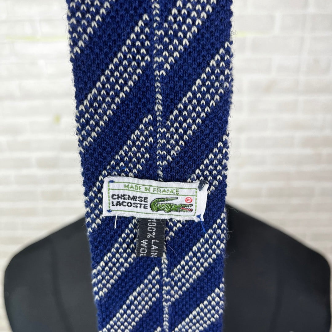 RARE Vintage Chemise Lacoste Wool Knitted Striped Navy Necktie 6 cm