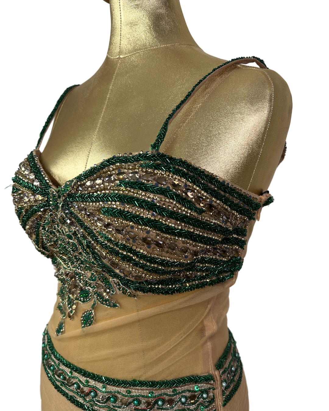 Gold Multi-Layer Lace Gown with Emerald Hand Embroidery