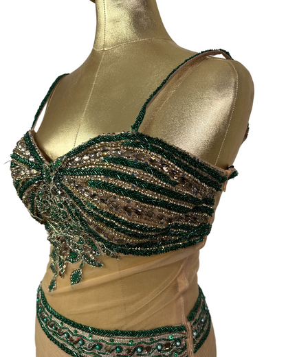 Gold Multi-Layer Lace Gown with Emerald Hand Embroidery