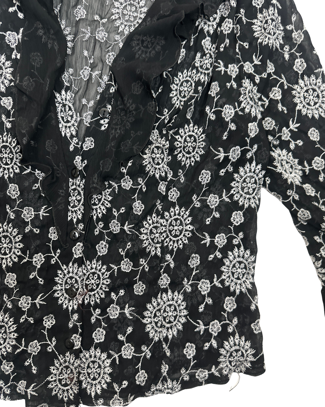 Y2K Babel Sheer Floral Embroidered Ruffle Blouse