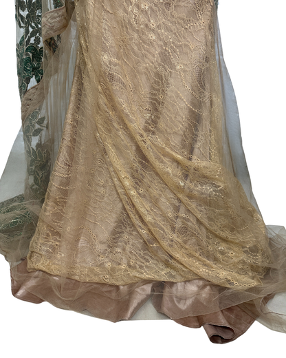Gold Multi-Layer Lace Gown with Emerald Hand Embroidery