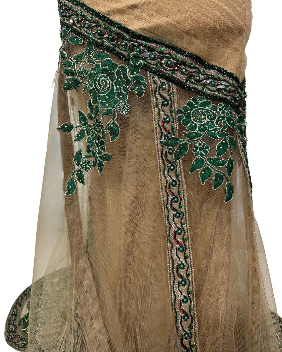 Gold Multi-Layer Lace Gown with Emerald Hand Embroidery