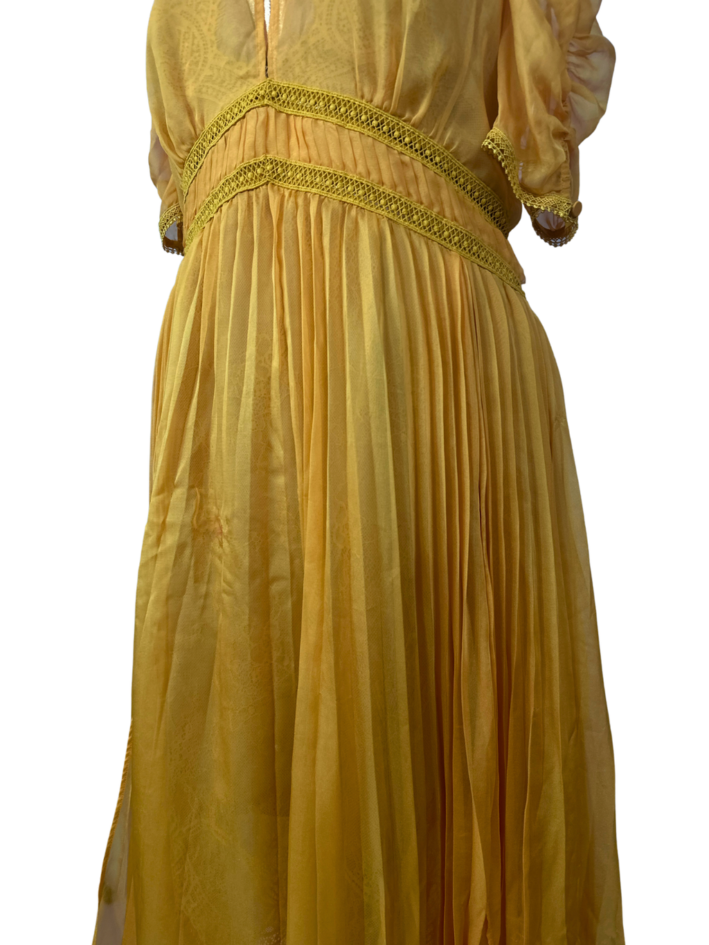 Self-Portrait Mustard Cold-Shoulder Chiffon Pleated Dress