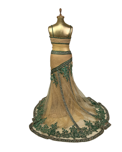 Gold Multi-Layer Lace Gown with Emerald Hand Embroidery