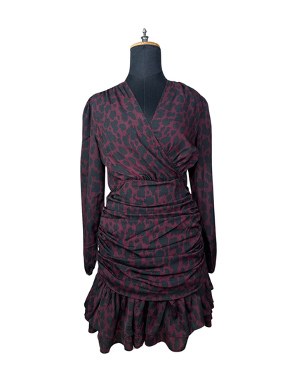 Plum Leopard Print Ruched Faux-Wrap Dress