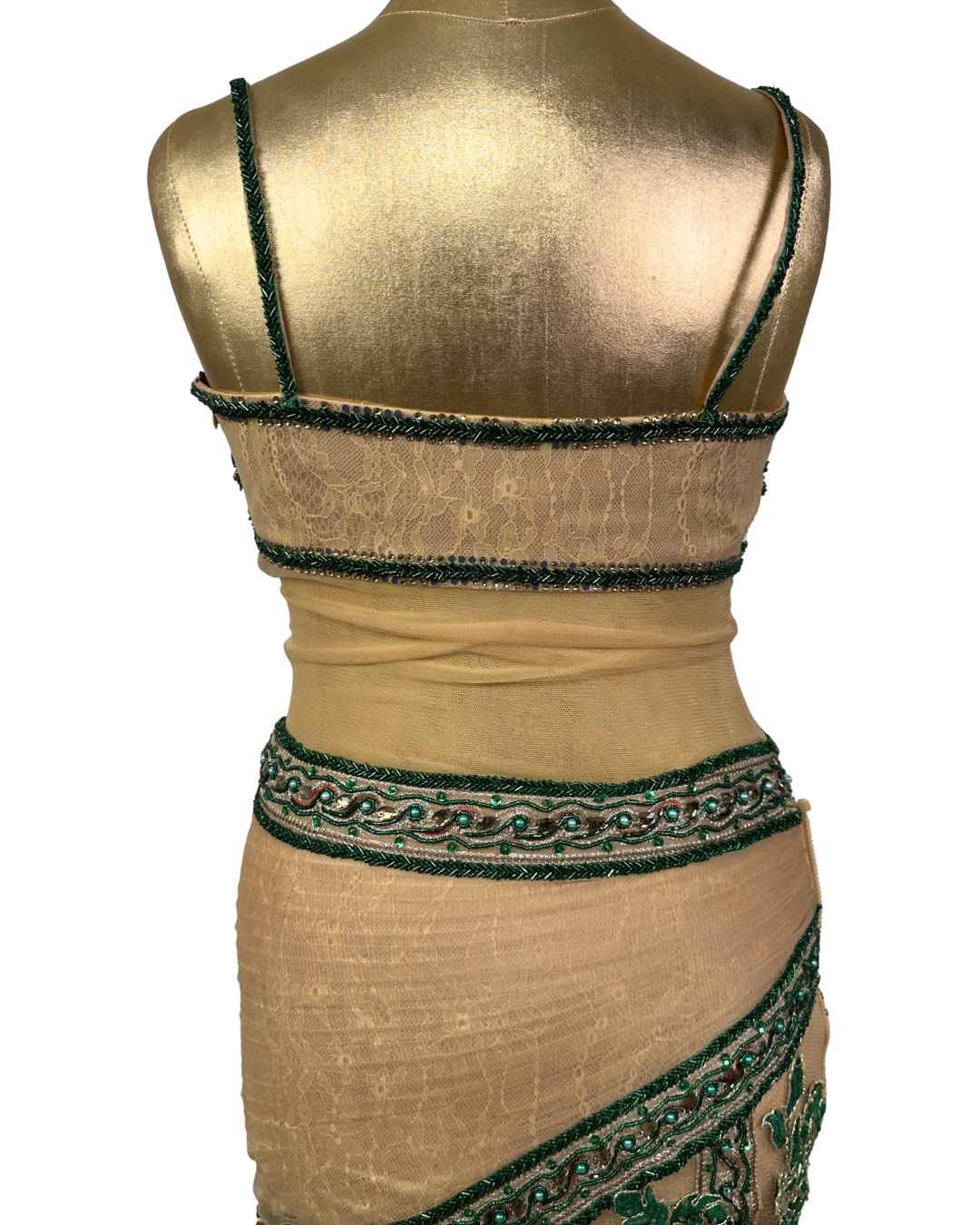 Gold Multi-Layer Lace Gown with Emerald Hand Embroidery