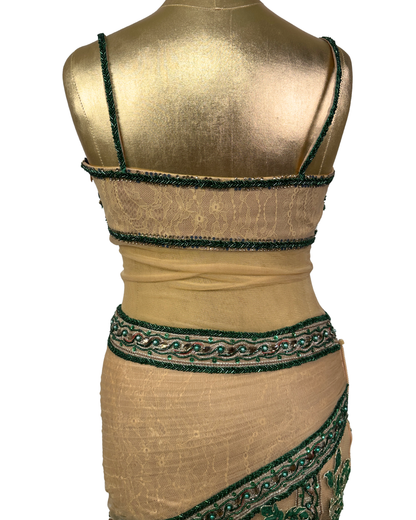 Gold Multi-Layer Lace Gown with Emerald Hand Embroidery