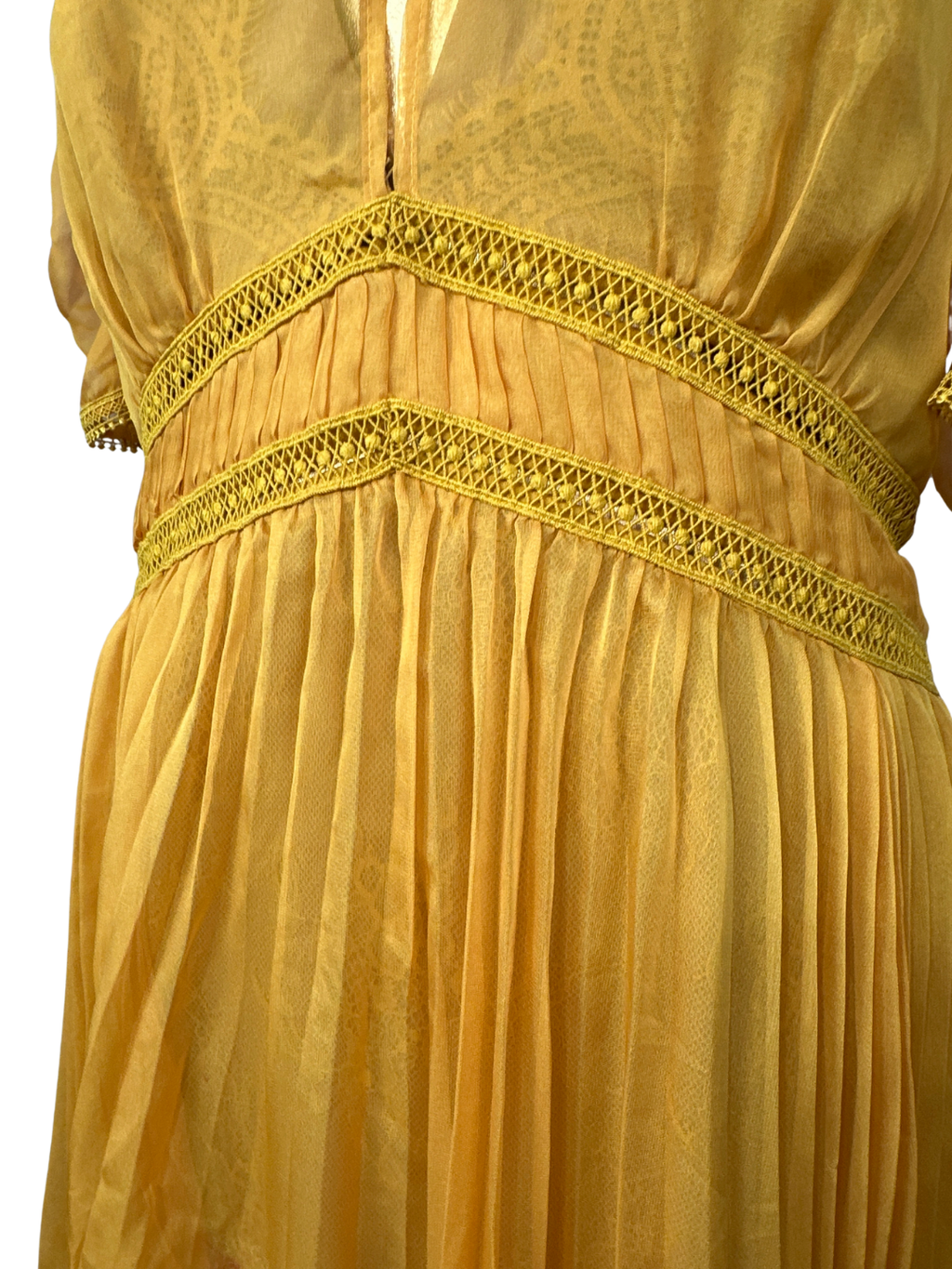 Self-Portrait Mustard Cold-Shoulder Chiffon Pleated Dress