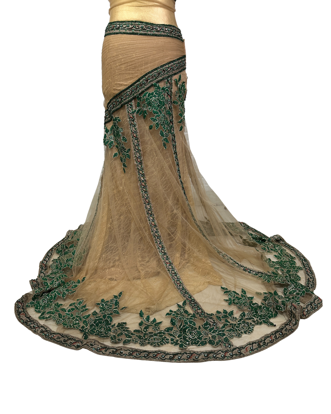 Gold Multi-Layer Lace Gown with Emerald Hand Embroidery