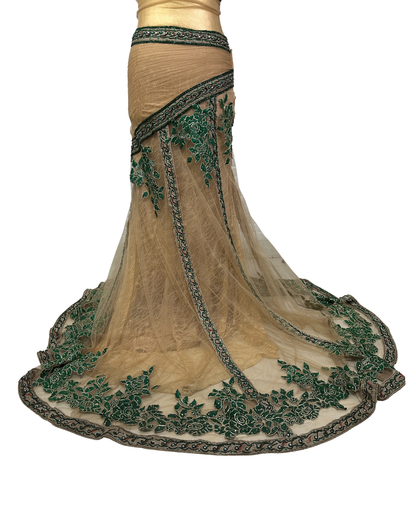 Gold Multi-Layer Lace Gown with Emerald Hand Embroidery