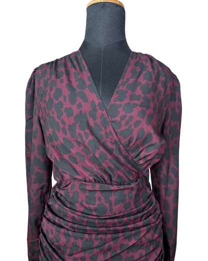 Plum Leopard Print Ruched Faux-Wrap Dress