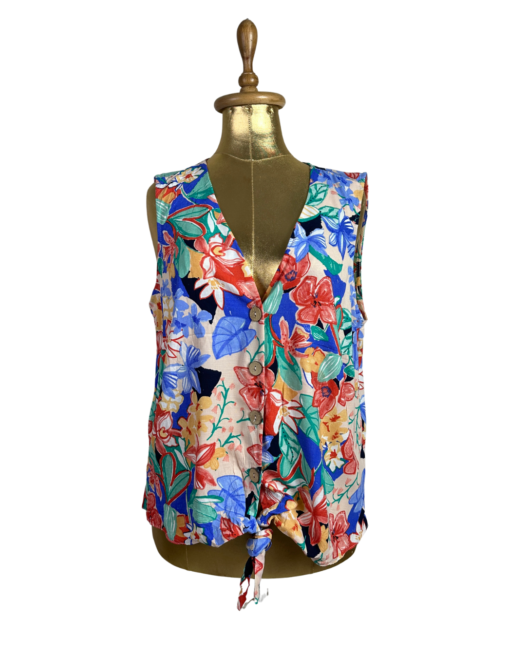 Floral Tie-Front Sleeveless Women's Shirt Large