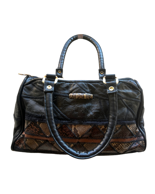 Genuine Leather Stitch Detail Mixed Pattern Handbag