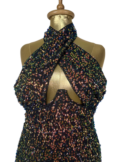 Multicolor Sequin Keyhole Front Halter Mini Dress - UK 12