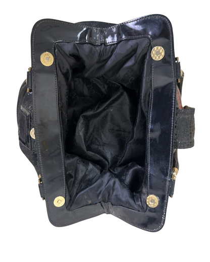 Vintage Black Faux Snakeskin Top-Handle Bag with Gold Buckle