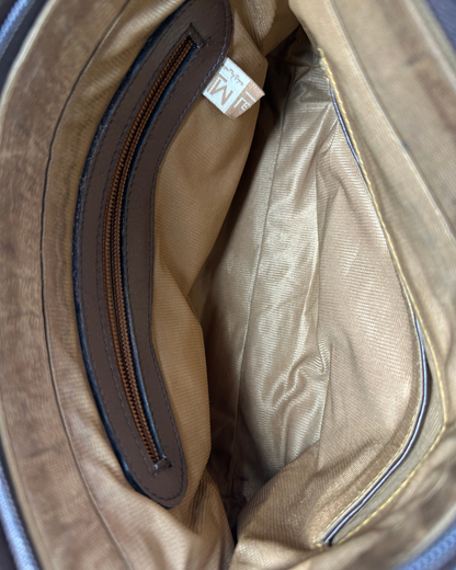 Two-Tone Brown Genuine Leather Crossbody Bag w/ Croc-Embossed Flap