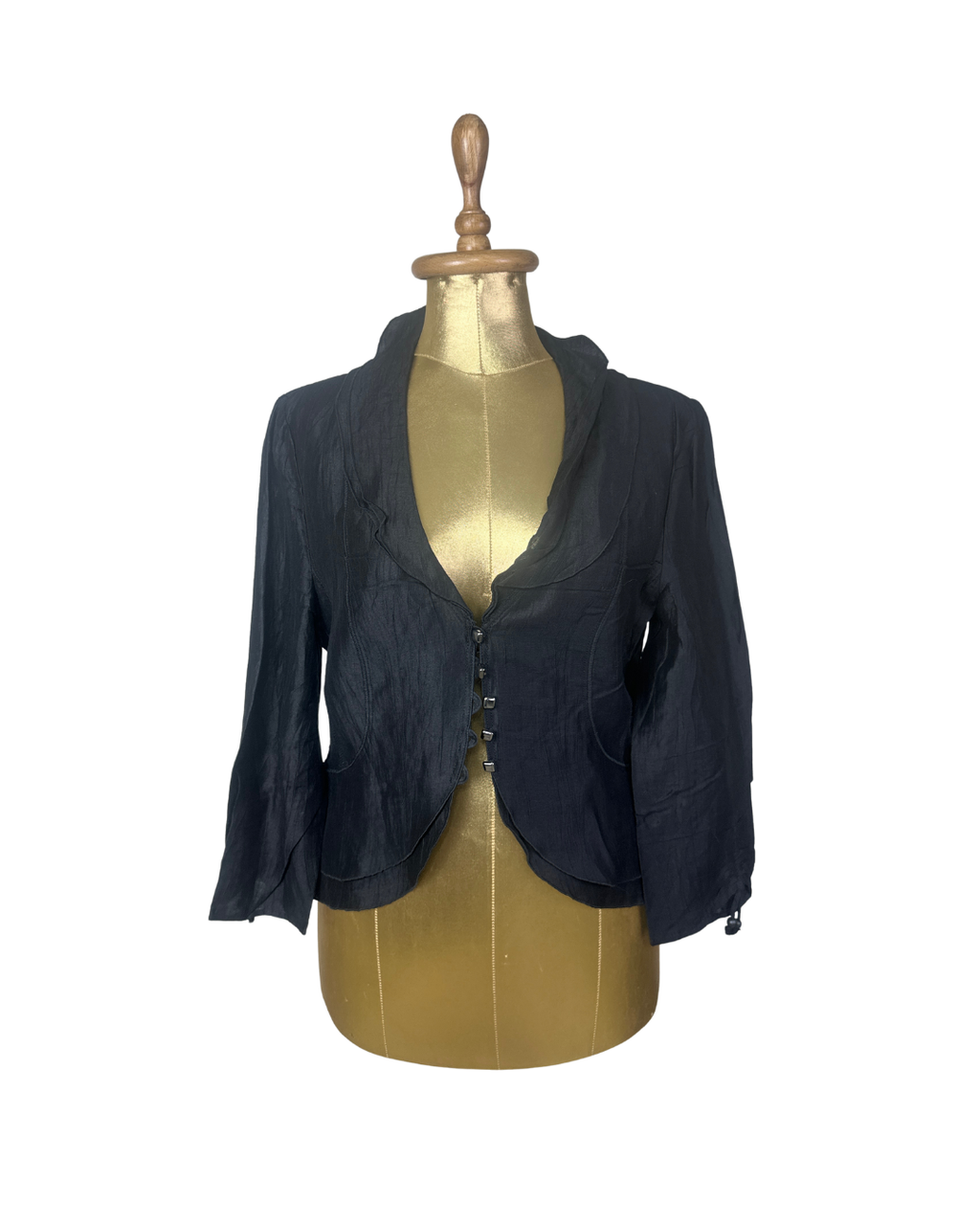 .Black Crinkle Texture Button-Front Blouse - Medium