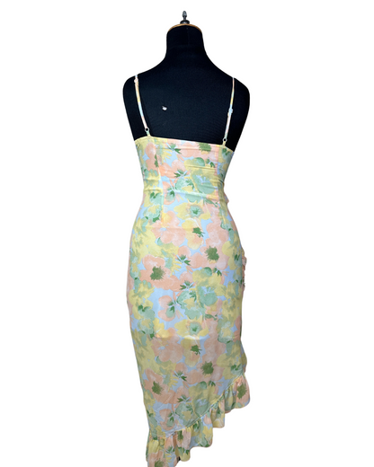 Floral Ruffle Asymmetrical Midi Dress – Pastel Slip Style