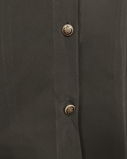 Mandarin Collar Brown Women's Shirt with Gold Crest Buttons