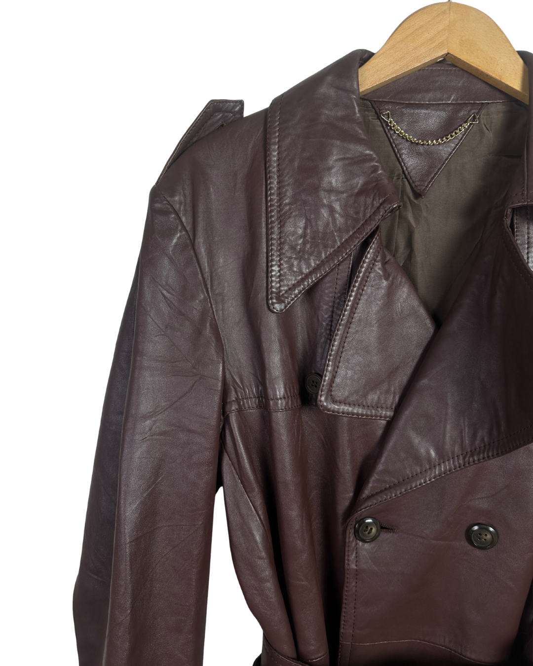 Vintage Brown Double Breasted Genuine Leather Trench Coat - Large