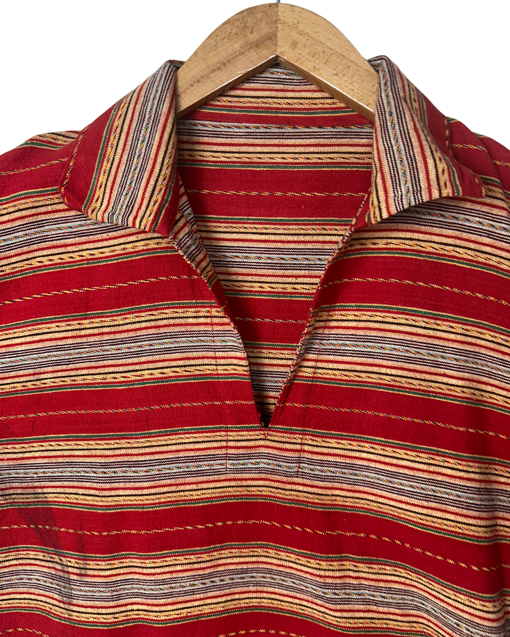 Vintage Red Striped Woven Polo Shirt with Front Pockets -  Medium