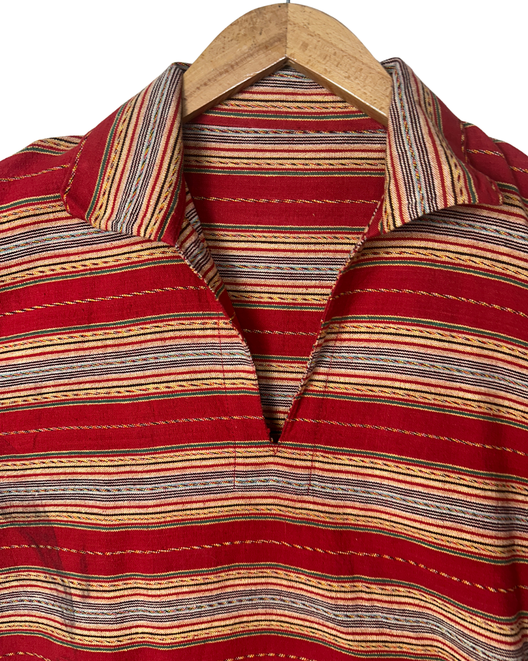 Vintage Red Striped Woven Polo Shirt with Front Pockets -  Medium