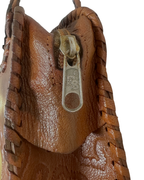 Vintage 70s Whipstitch Embossed Brown Genuine Leather Handbag